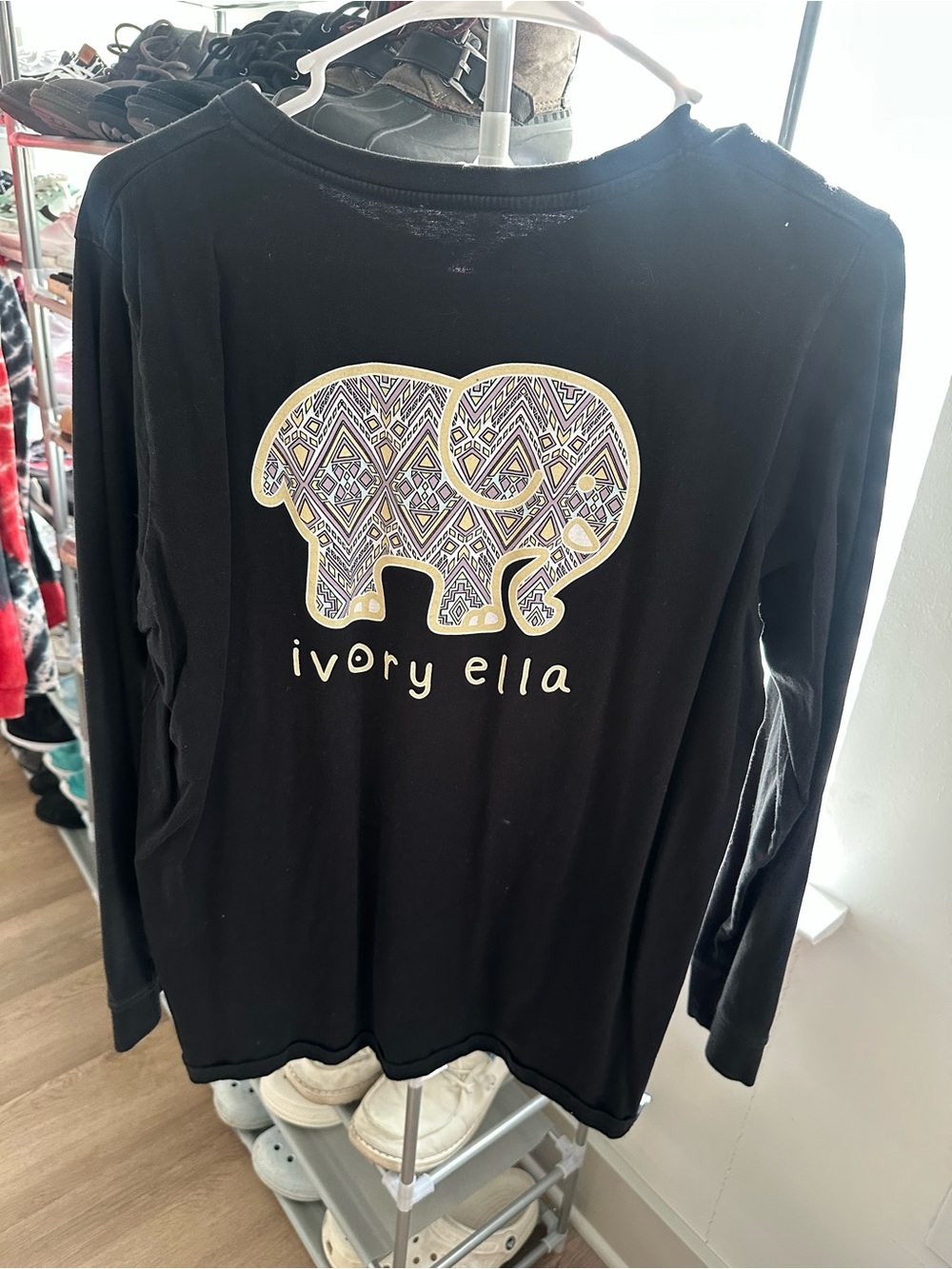 ivory ella Black Long Sleeve Tee with Patterned Elephant Graphic